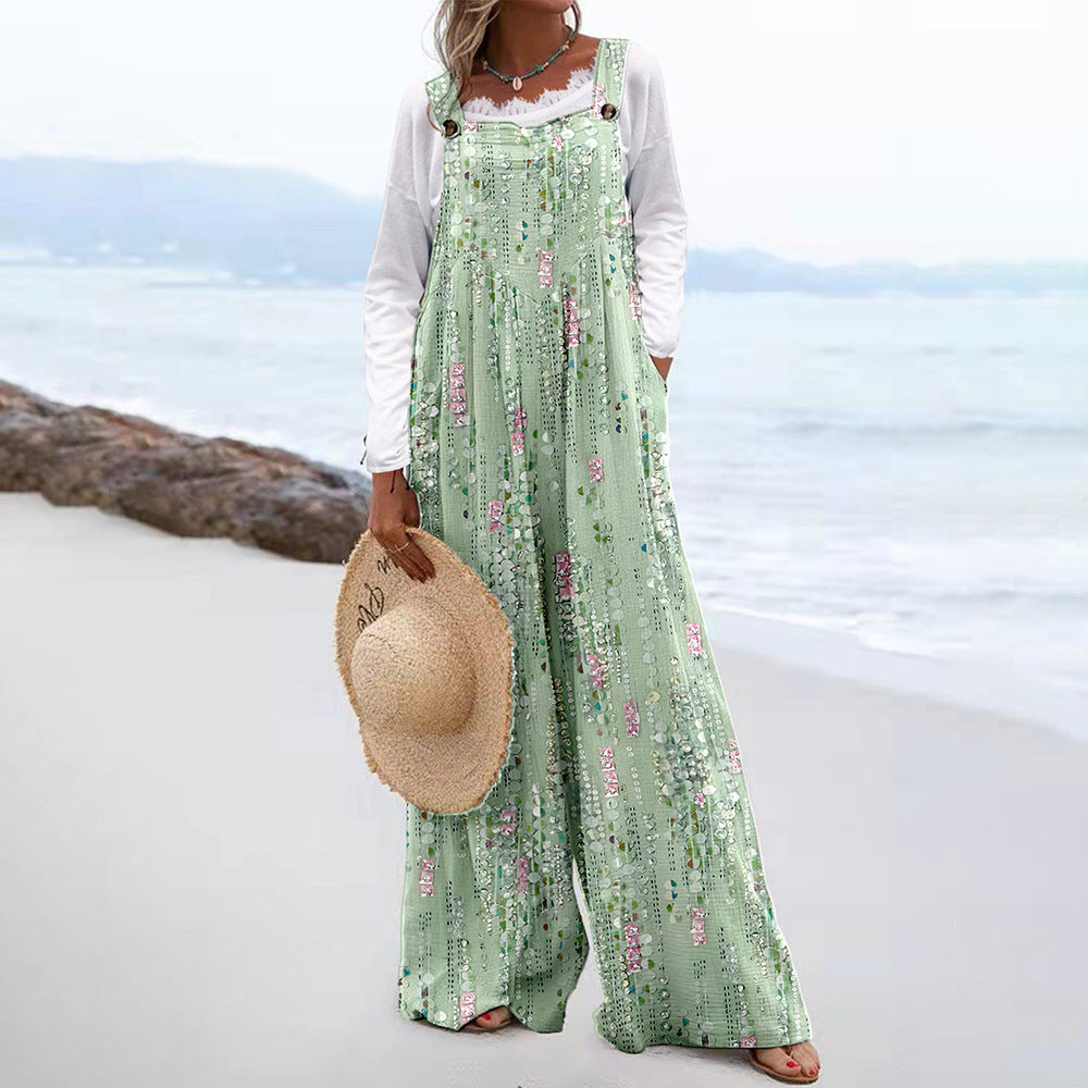 Women Jumpsuits Summer Overalls Boho Vintage Print Square Neck Sleeveless Casual Rompers Pockets Wide-Leg Pants Womans Playsuit