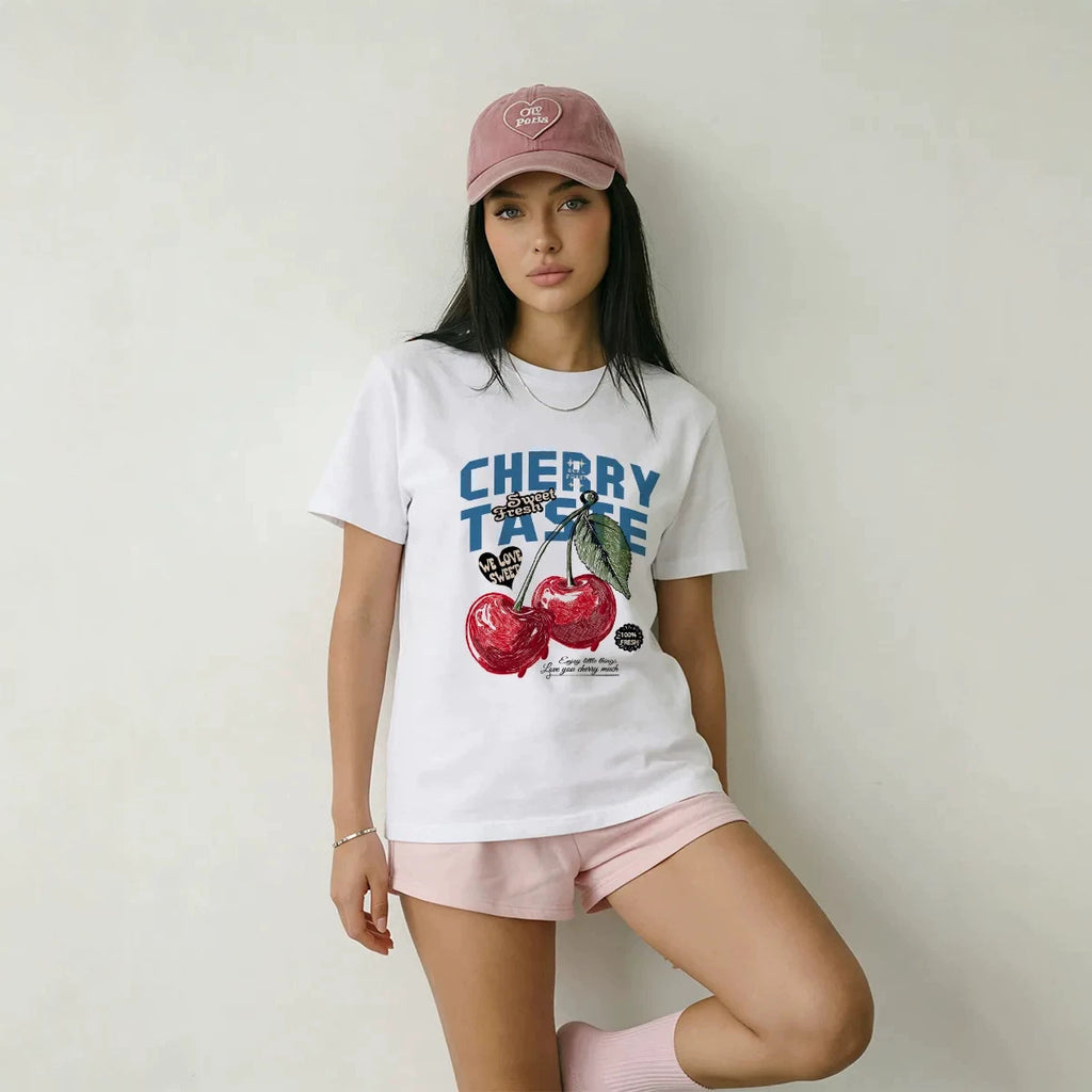 Cherry Letter Print Cotton T-Shirt | Unisex Loose Fit
