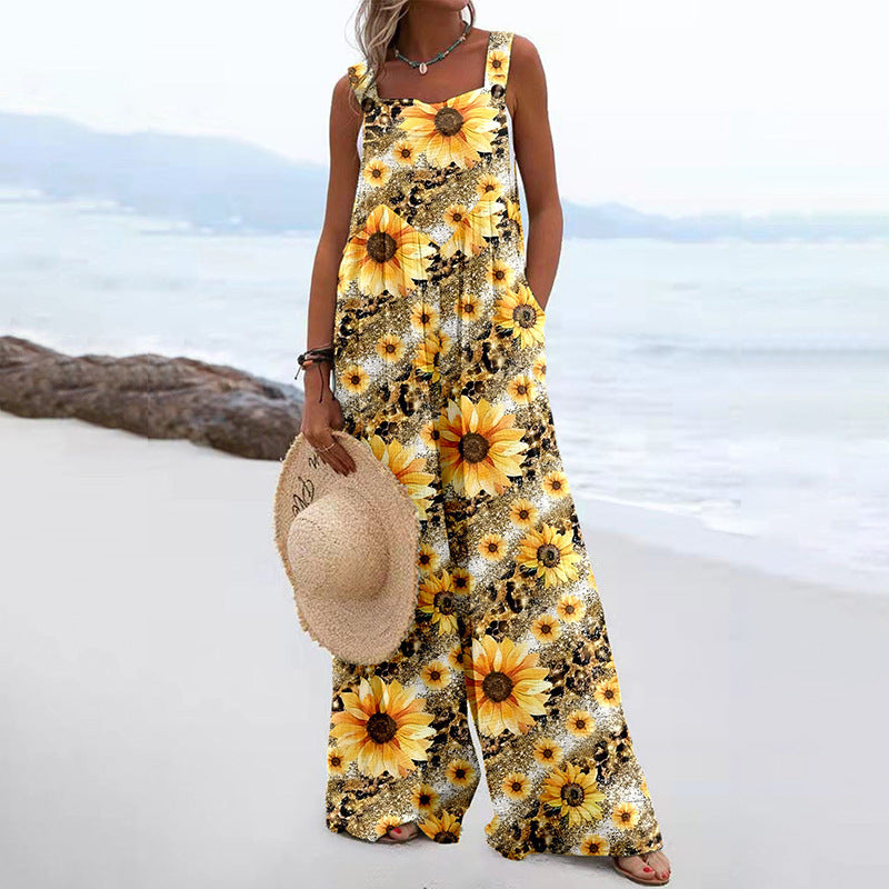 Women Jumpsuits Summer Overalls Boho Vintage Print Square Neck Sleeveless Casual Rompers Pockets Wide-Leg Pants Womans Playsuit