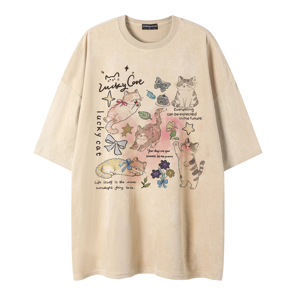 Cat & Butterfly Print Short Sleeve Shirt
