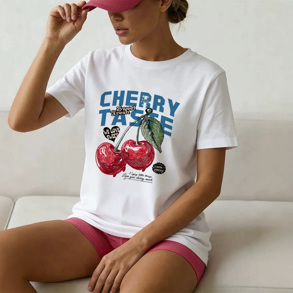 Cherry Letter Print Cotton T-Shirt | Unisex Loose Fit