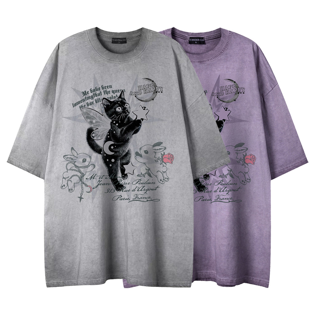 Dreamy Black Cat Print Short Sleeve Shirt
