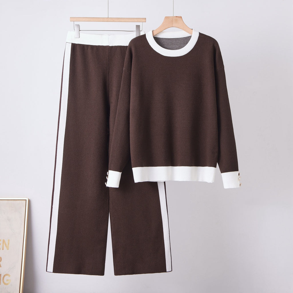 Round Neck Knit Sweater & Wide Leg Pants Set