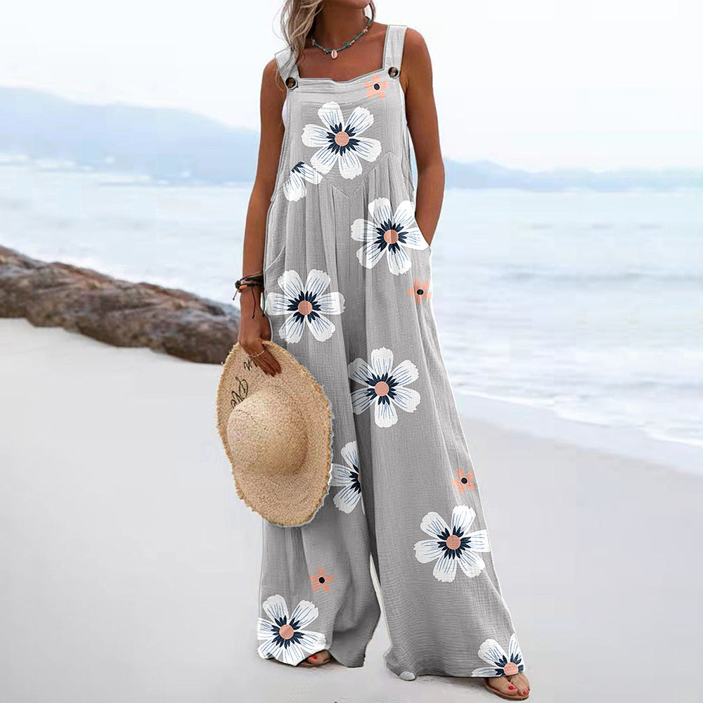 Women Jumpsuits Summer Overalls Boho Vintage Print Square Neck Sleeveless Casual Rompers Pockets Wide-Leg Pants Womans Playsuit