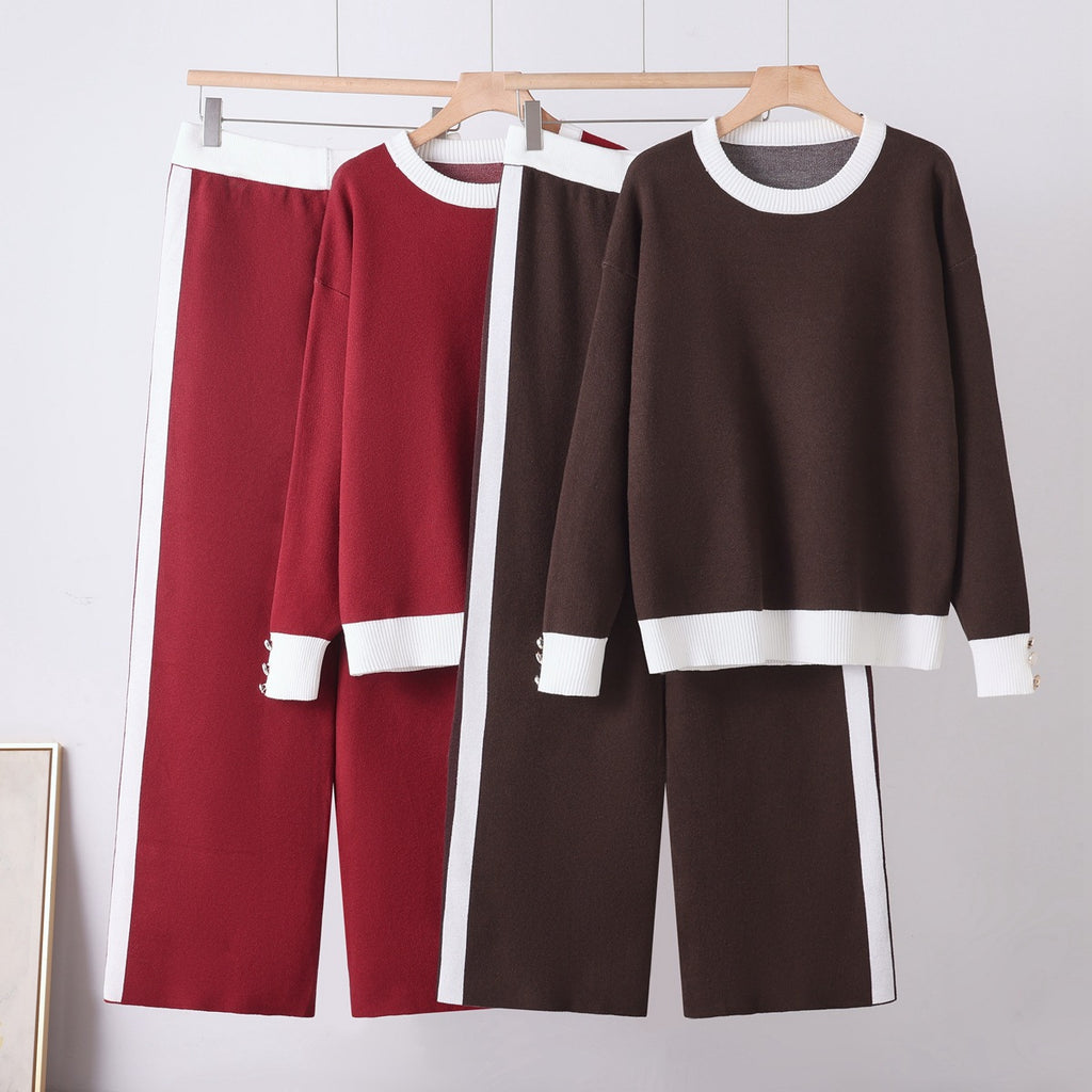 Round Neck Knit Sweater & Wide Leg Pants Set