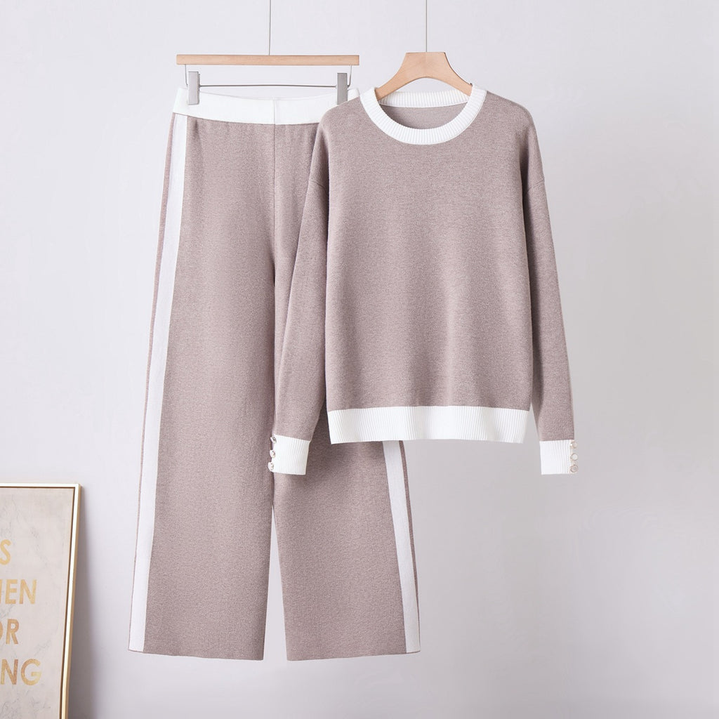 Round Neck Knit Sweater & Wide Leg Pants Set