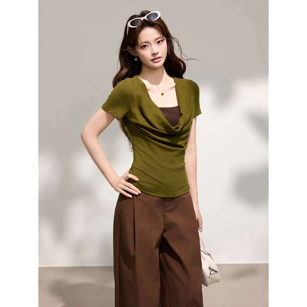 Color Block Drape Neck Short Sleeve Top