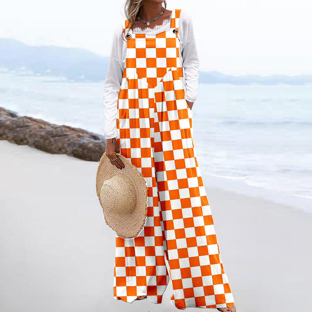 Women Jumpsuits Summer Overalls Boho Vintage Print Square Neck Sleeveless Casual Rompers Pockets Wide-Leg Pants Womans Playsuit