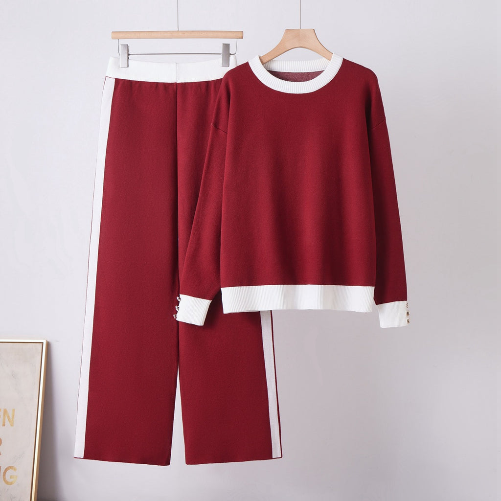 Round Neck Knit Sweater & Wide Leg Pants Set