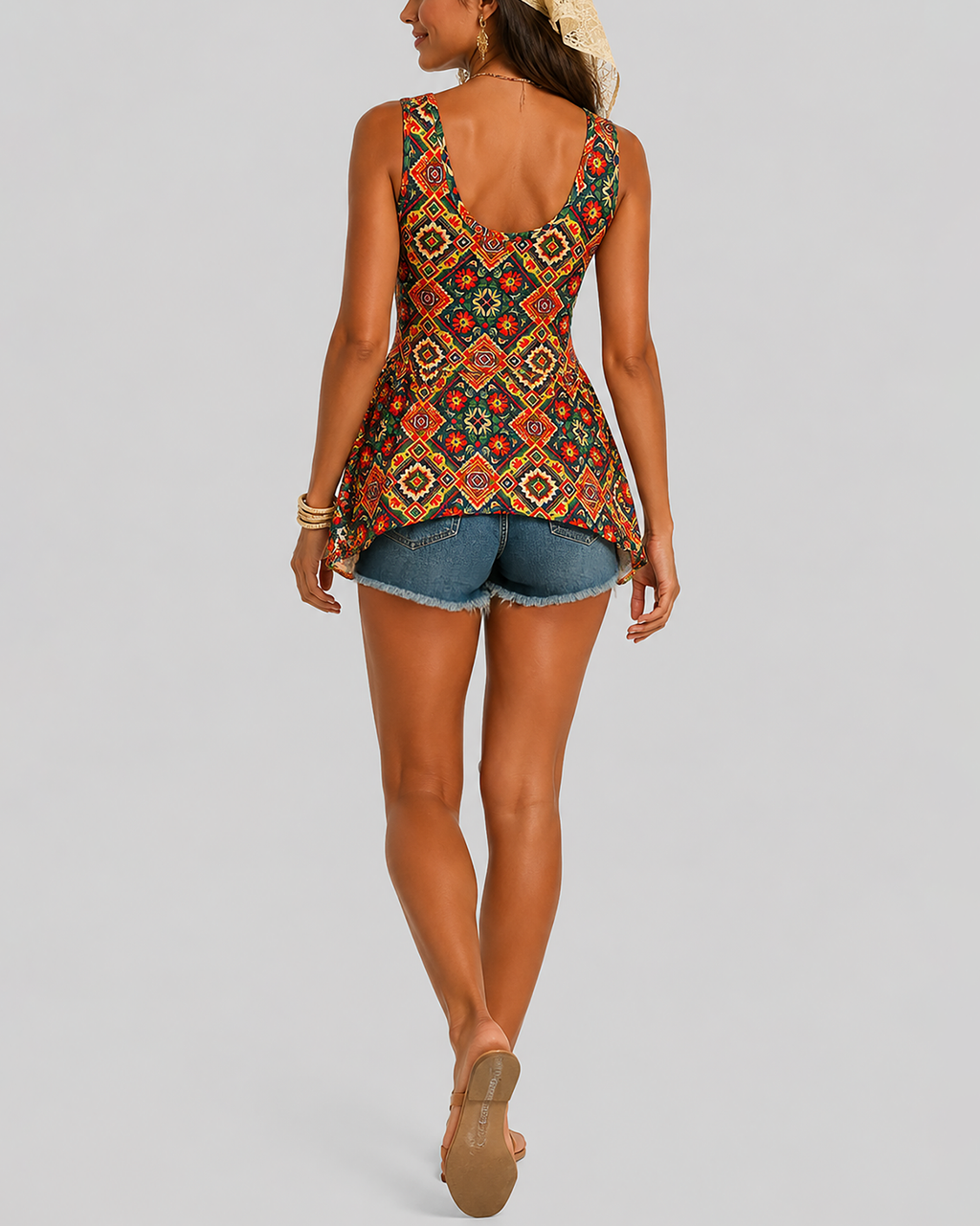 Women's Ethnic Print Lace Vest | Square Neck Sleeveless Top