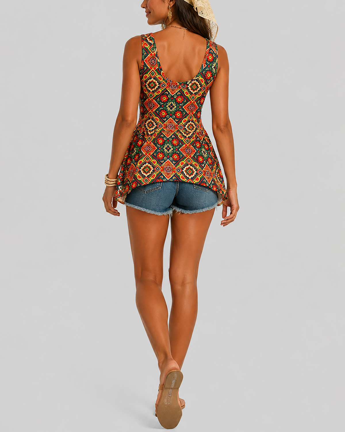 Women's Ethnic Print Lace Vest | Square Neck Sleeveless Top