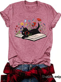 Women's Cat & Floral Graphic T-Shirt – Relaxed Fit, Round Neck, Short Sleeve Casual Tee
