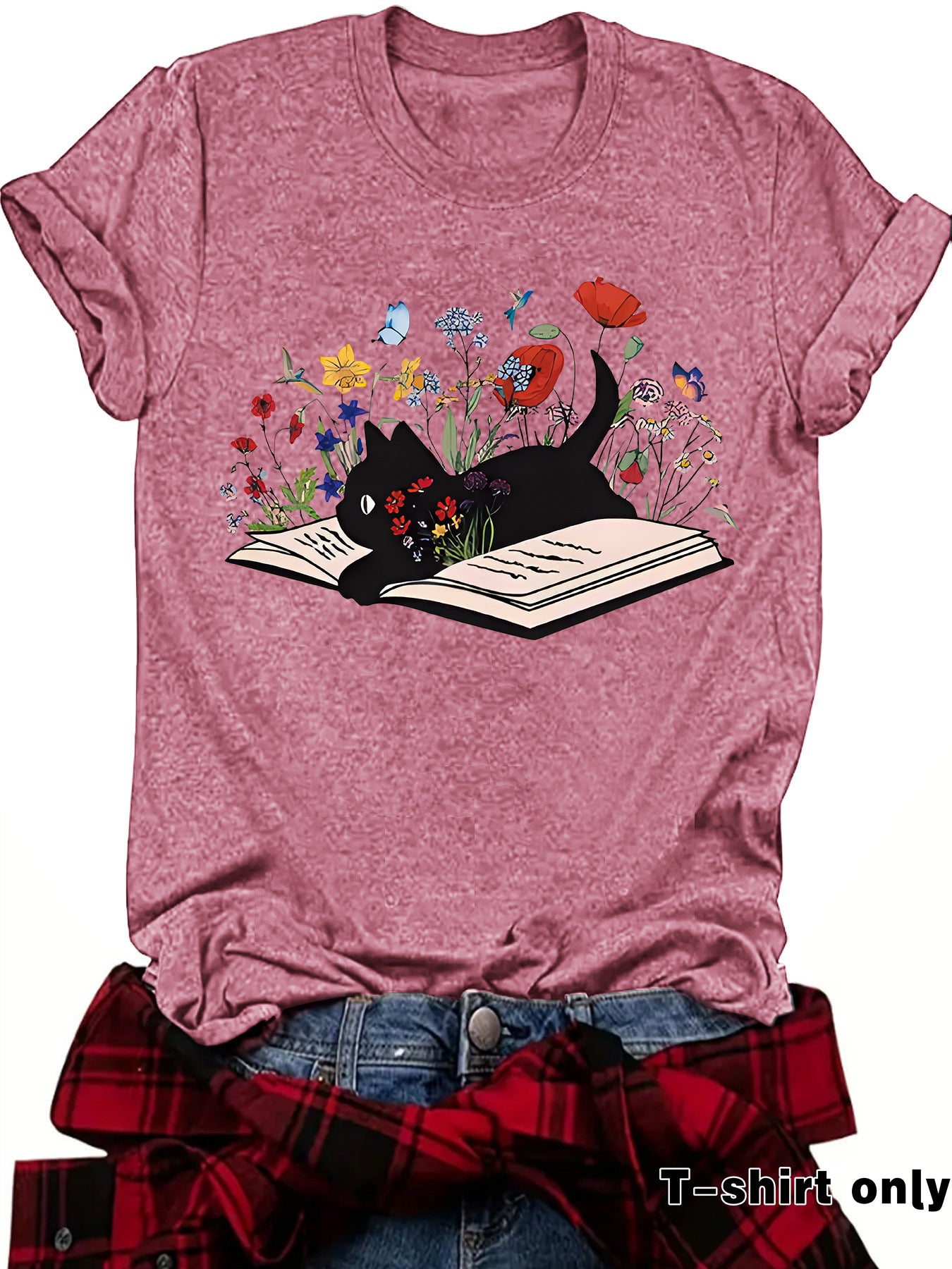 Women's Cat & Floral Graphic T-Shirt – Relaxed Fit, Round Neck, Short Sleeve Casual Tee