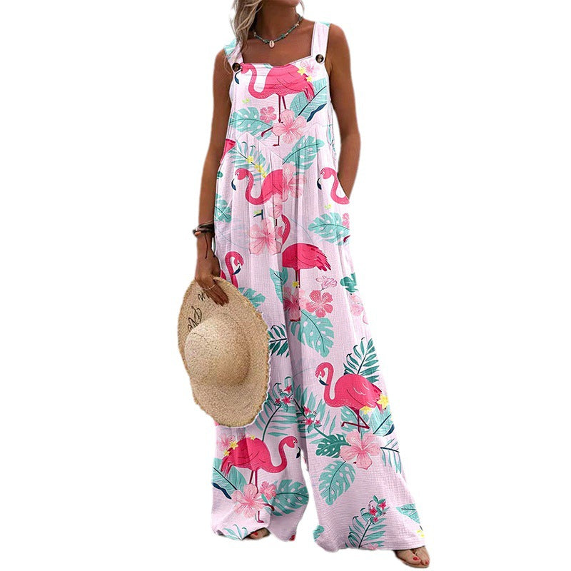 Women Jumpsuits Summer Overalls Boho Vintage Print Square Neck Sleeveless Casual Rompers Pockets Wide-Leg Pants Womans Playsuit