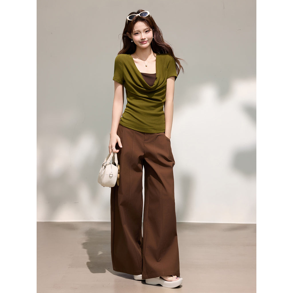Color Block Drape Neck Short Sleeve Top