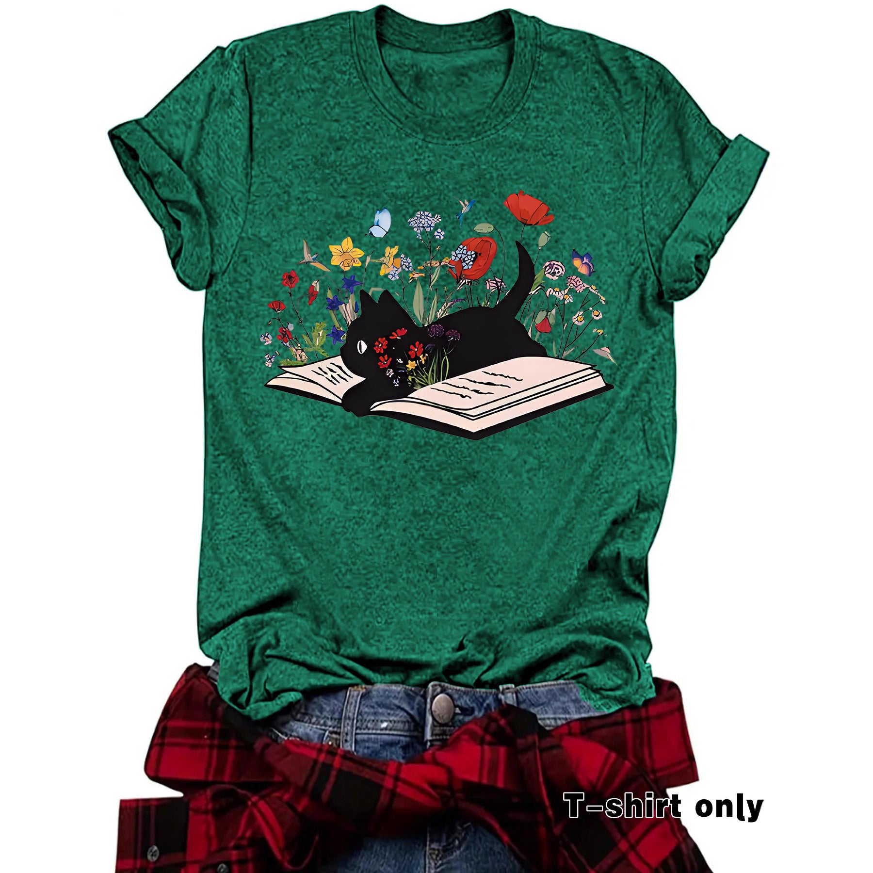 Women's Cat & Floral Graphic T-Shirt – Relaxed Fit, Round Neck, Short Sleeve Casual Tee