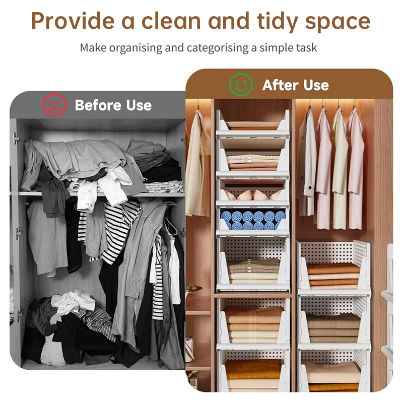4 Pack Plastic Closet Organizer Bins, Stackable Foldable Storage Baskets with Slide-Out Rails for Clothes, Toys, T-Shirts