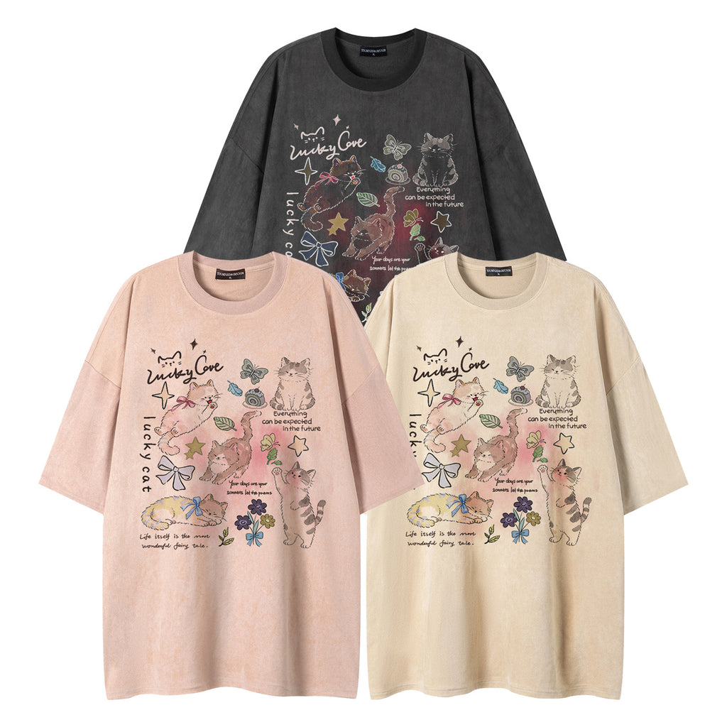 Cat & Butterfly Print Short Sleeve Shirt