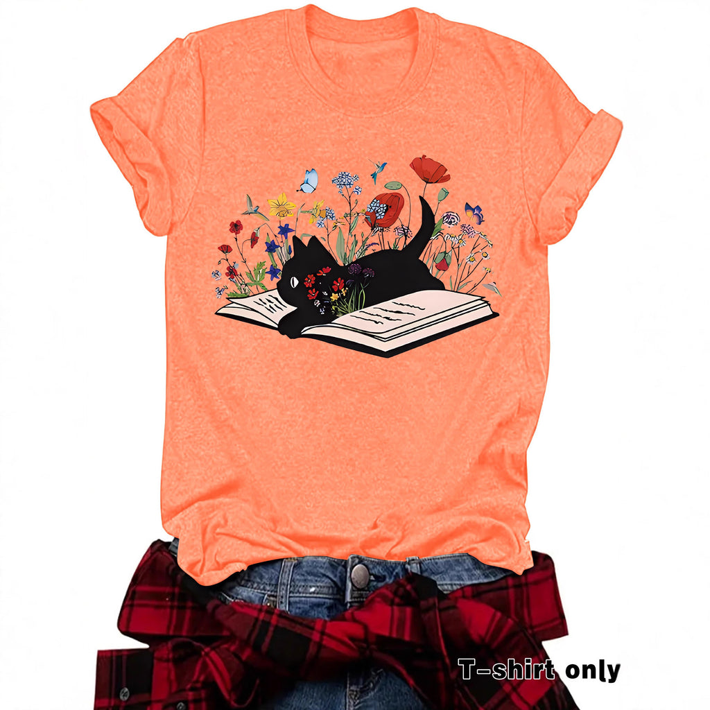 Women's Cat & Floral Graphic T-Shirt – Relaxed Fit, Round Neck, Short Sleeve Casual Tee