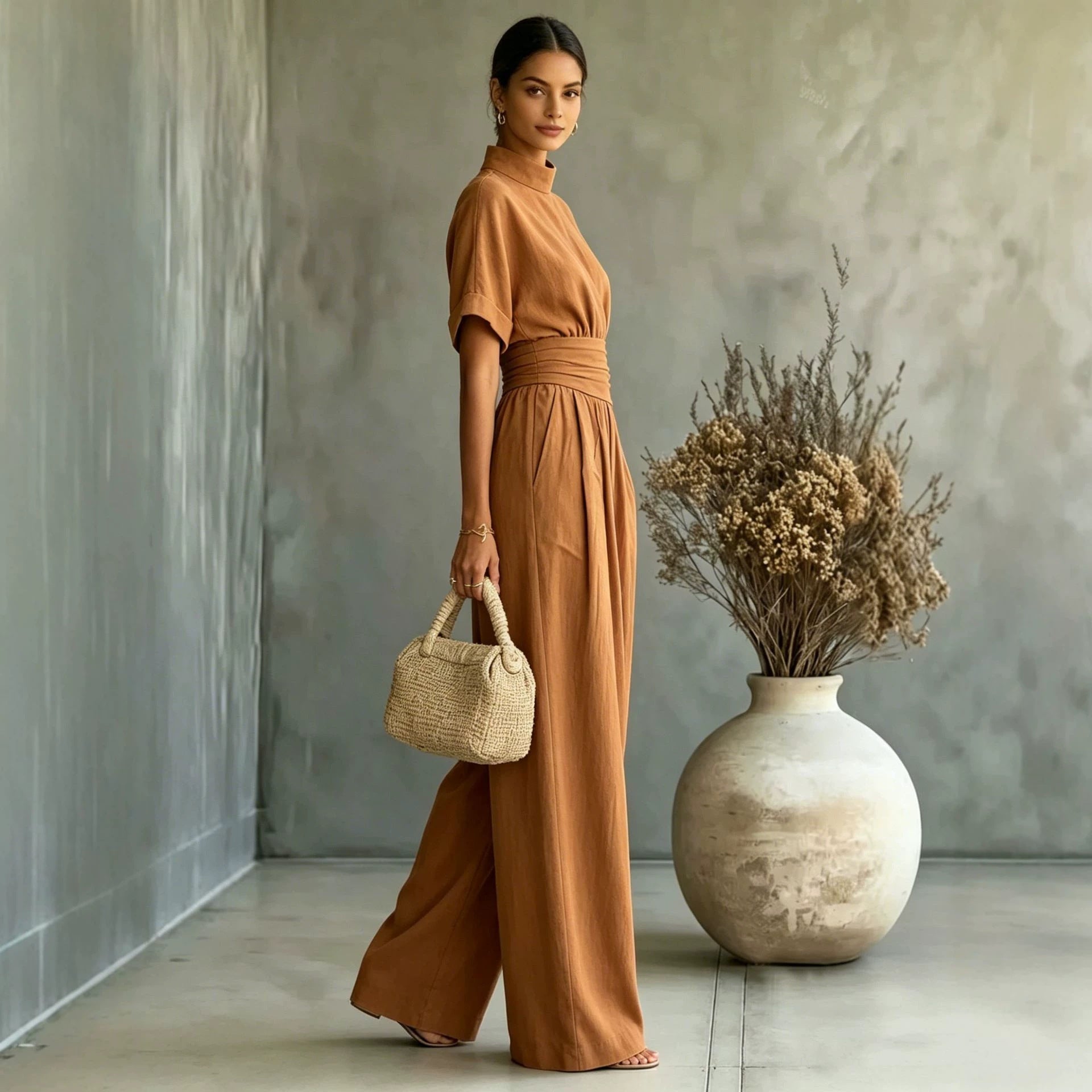 Half High Neck Wide Leg Jumpsuit – Relaxed Fit, Solid Color, Casual One-Piece for Women