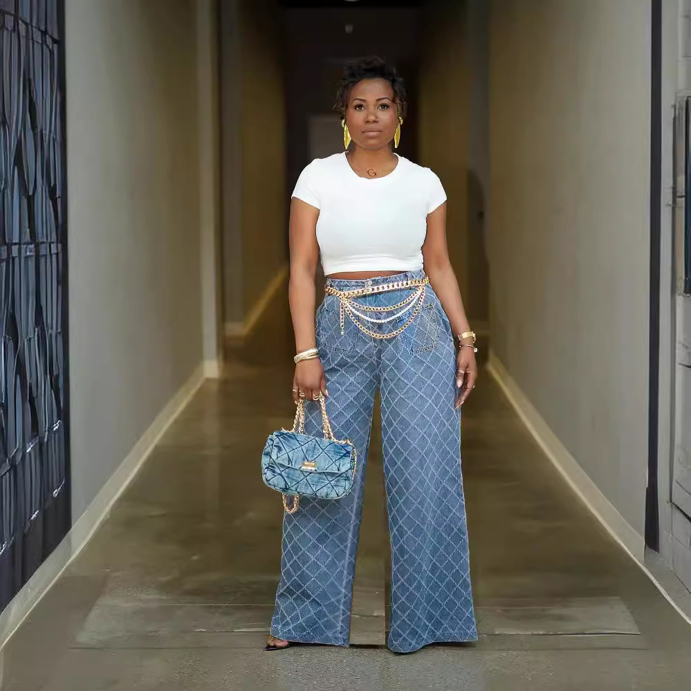 Grid Jacquard High Waist Straight Leg Jeans