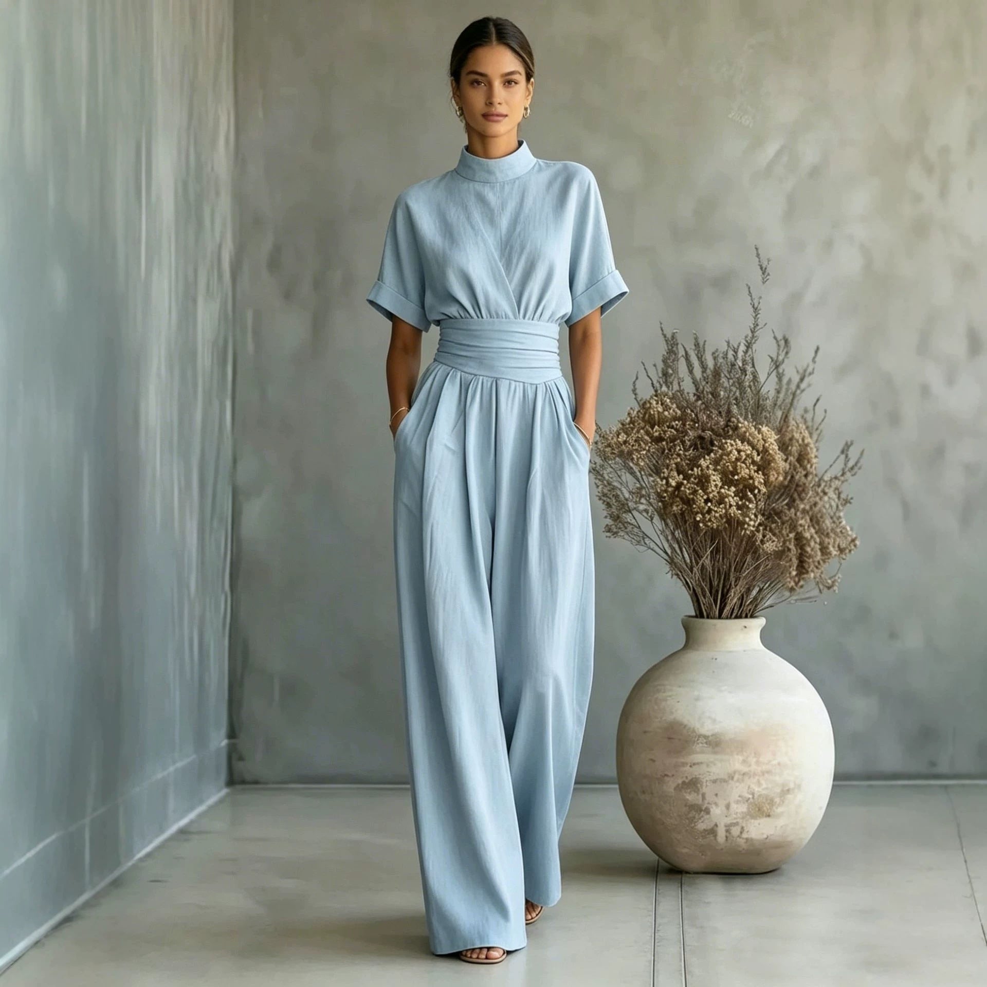 Half High Neck Wide Leg Jumpsuit – Relaxed Fit, Solid Color, Casual One-Piece for Women