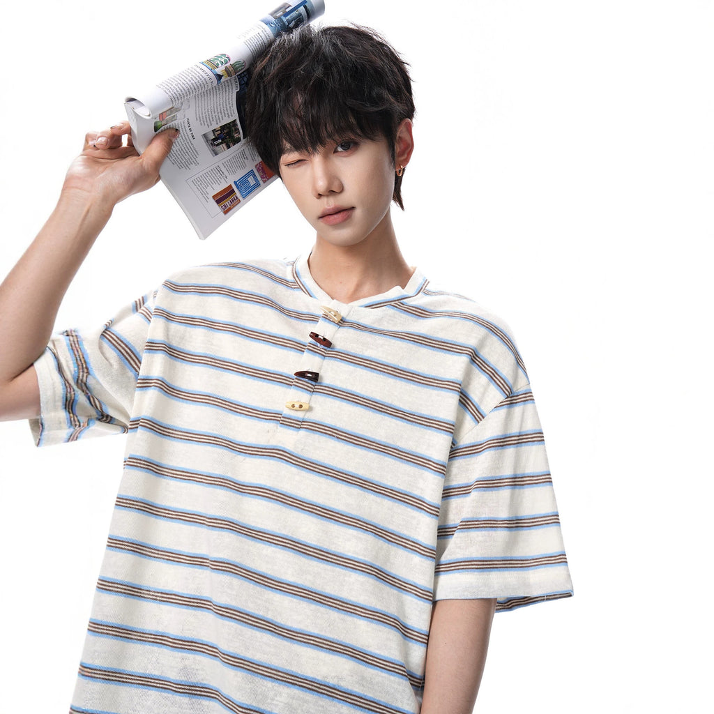 Henley Neck Stripe Short Sleeve T-Shirt