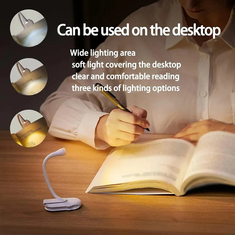 Clip-On Book Light – Rechargeable LED Reading Lamp with 3 Colors & Stepless Brightness for Bed, Travel & Hotels