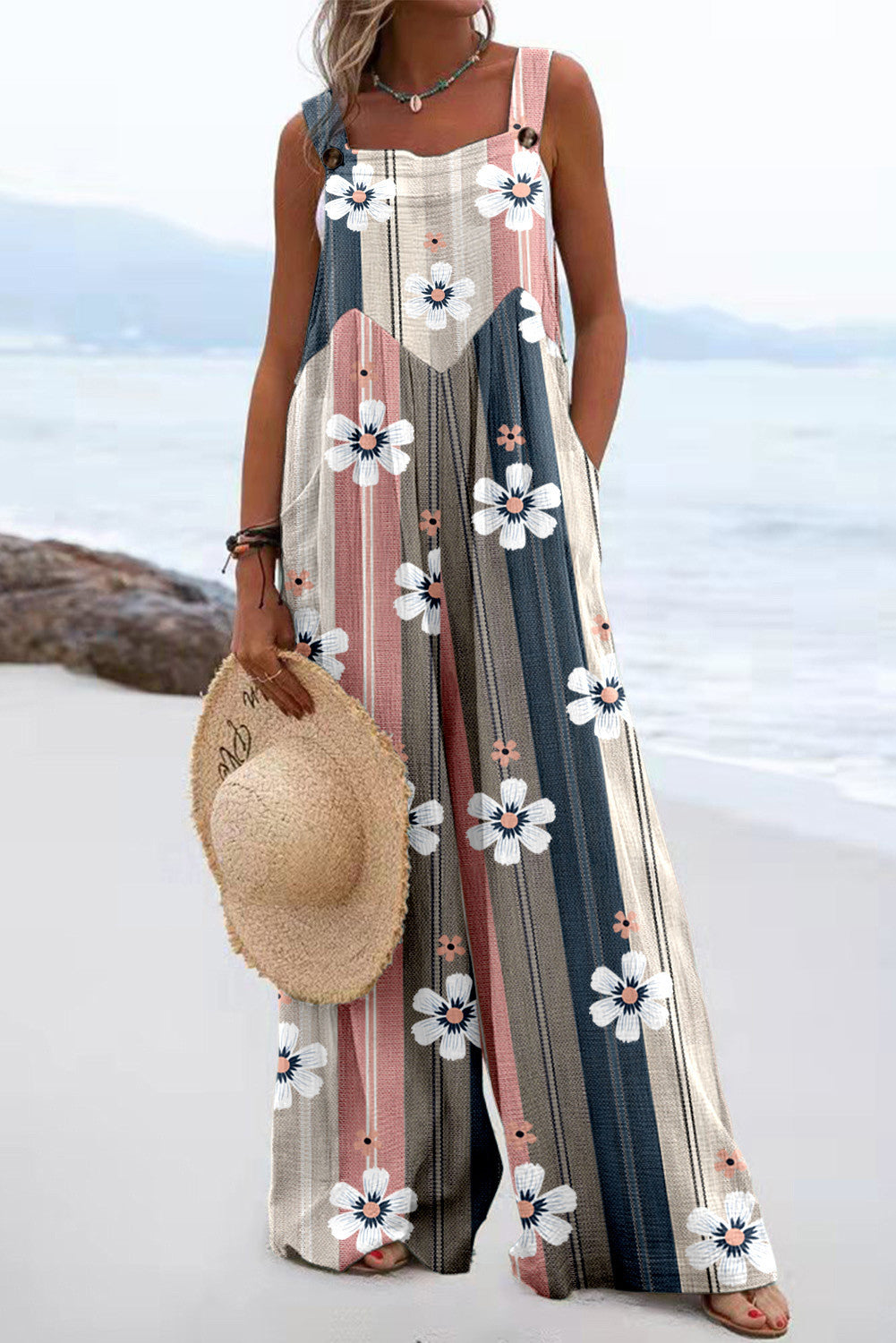 Women Jumpsuits Summer Overalls Boho Vintage Print Square Neck Sleeveless Casual Rompers Pockets Wide-Leg Pants Womans Playsuit