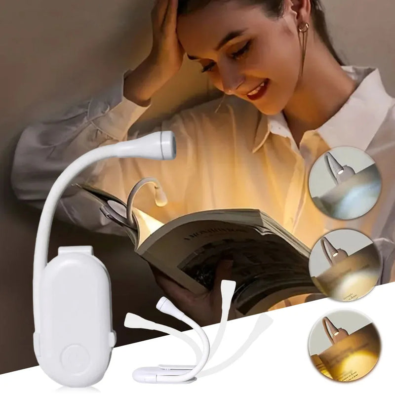 Clip-On Book Light – Rechargeable LED Reading Lamp with 3 Colors & Stepless Brightness for Bed, Travel & Hotels