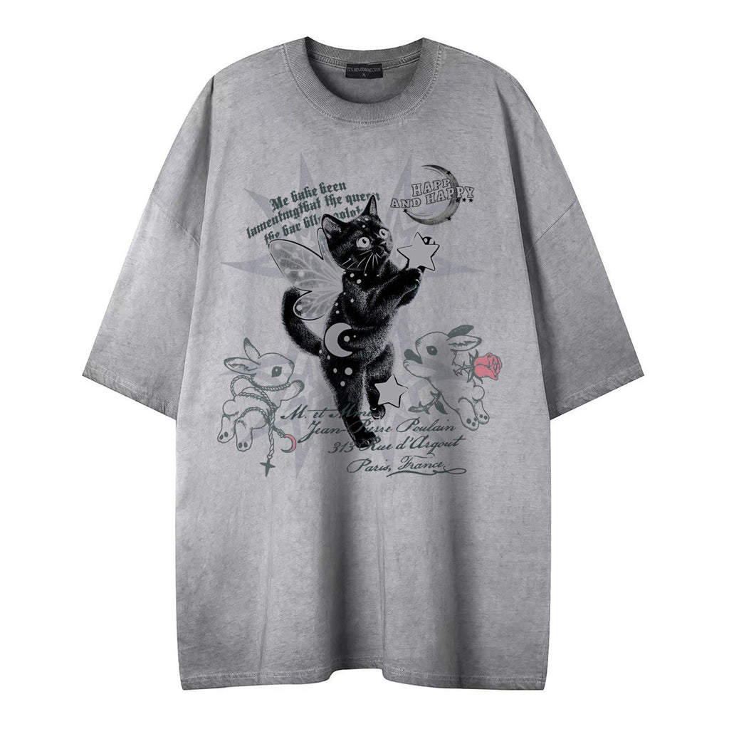Dreamy Black Cat Print Short Sleeve Shirt