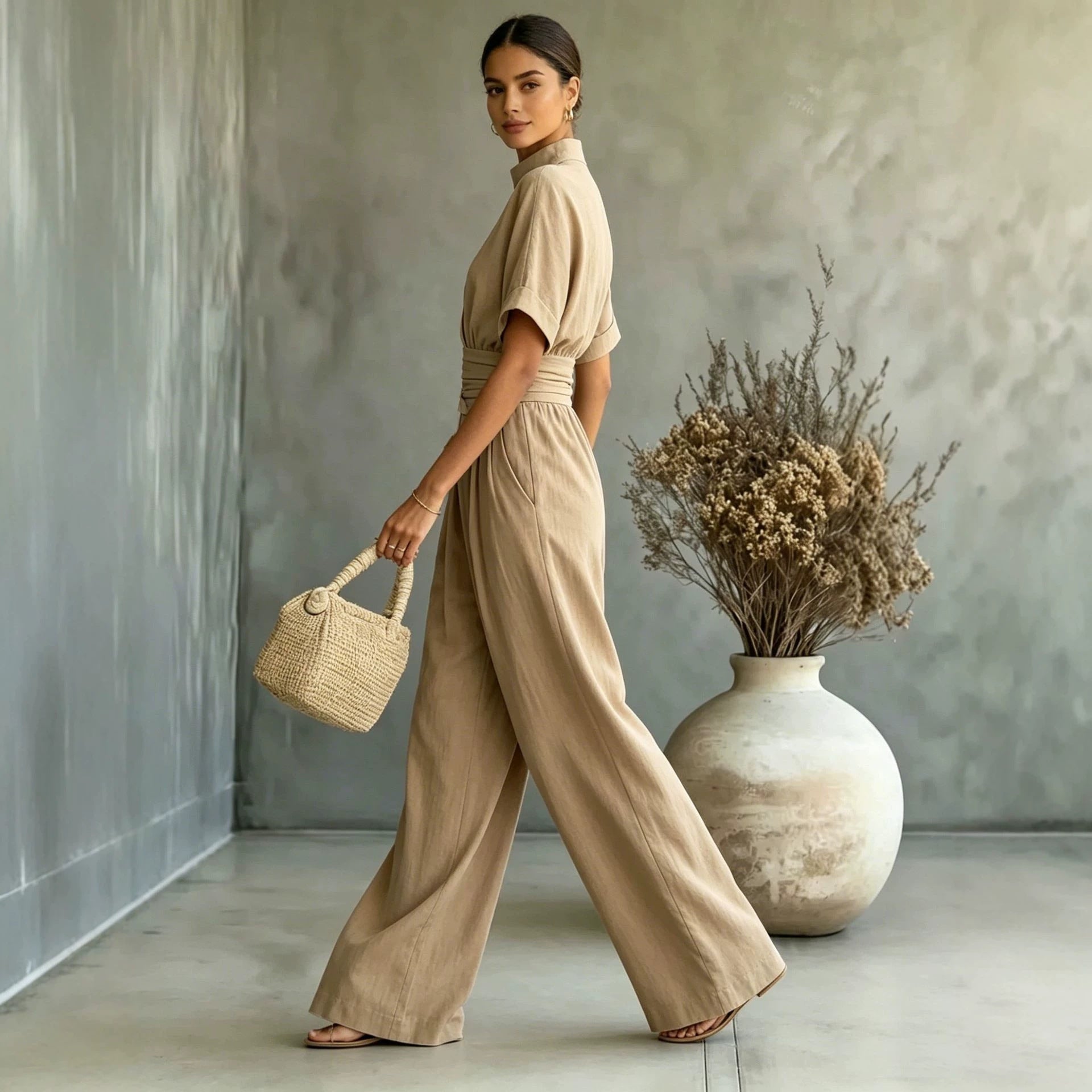 Half High Neck Wide Leg Jumpsuit – Relaxed Fit, Solid Color, Casual One-Piece for Women