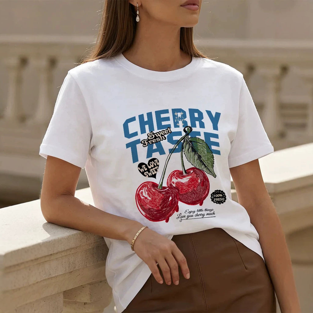 Cherry Letter Print Cotton T-Shirt | Unisex Loose Fit