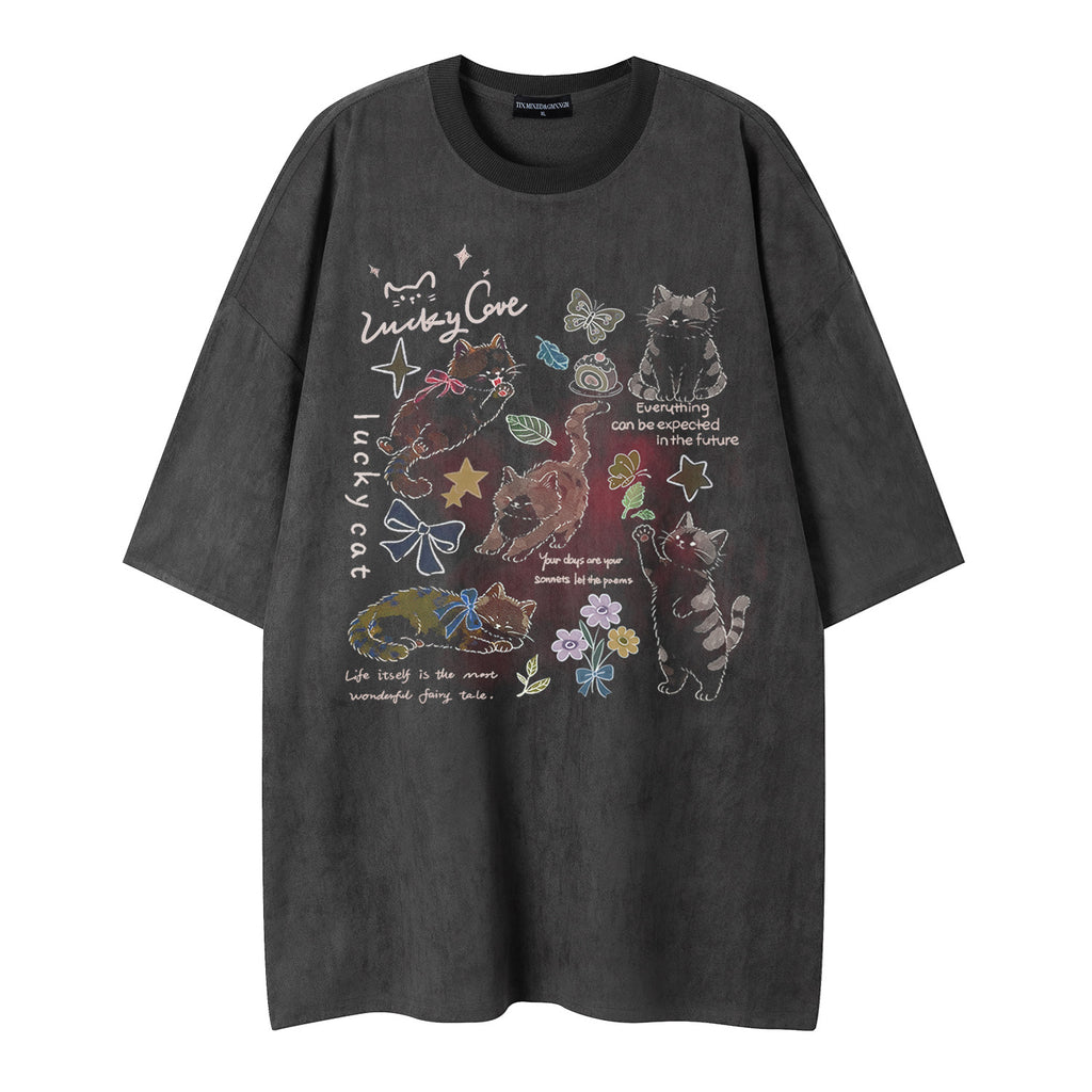 Cat & Butterfly Print Short Sleeve Shirt
