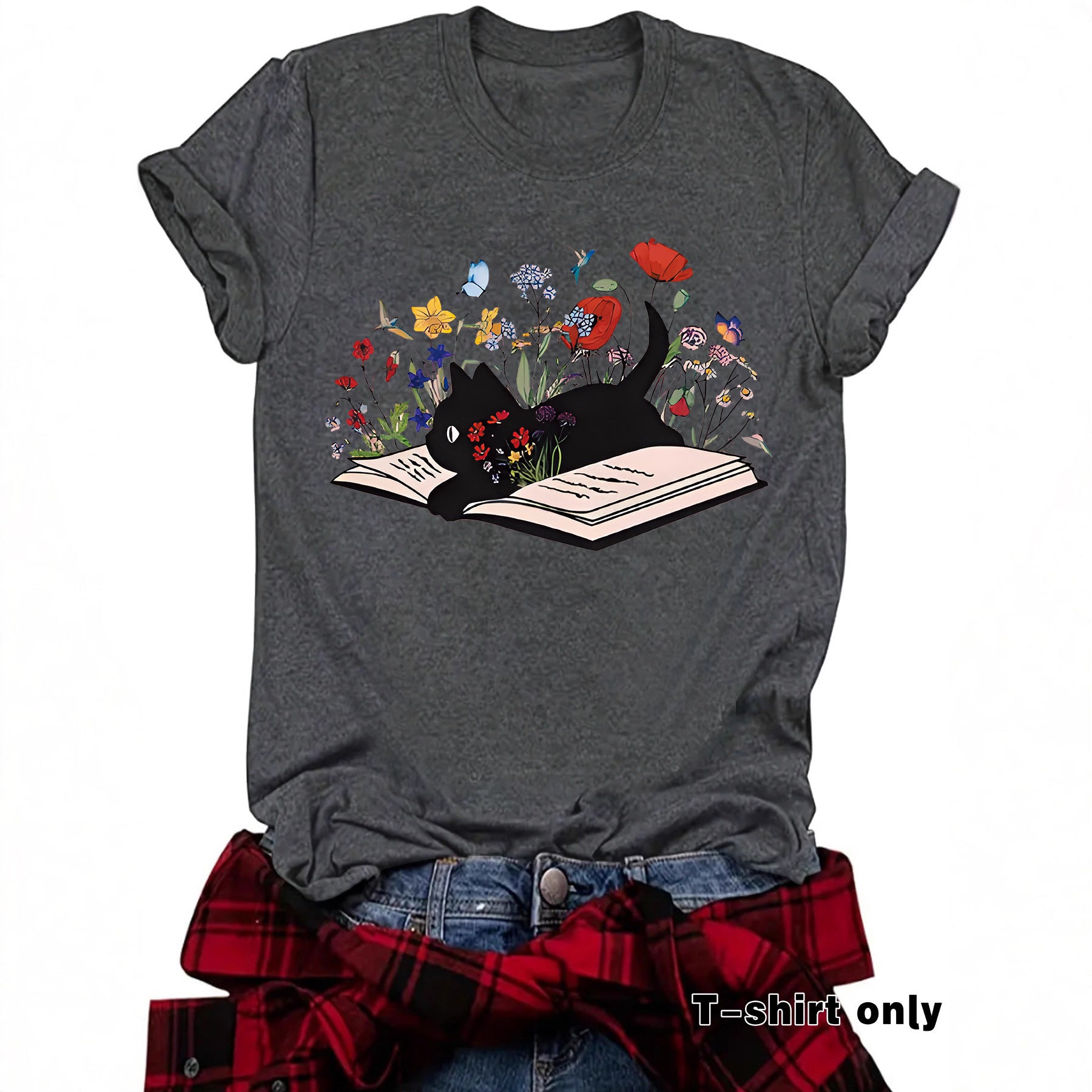 Women's Cat & Floral Graphic T-Shirt – Relaxed Fit, Round Neck, Short Sleeve Casual Tee