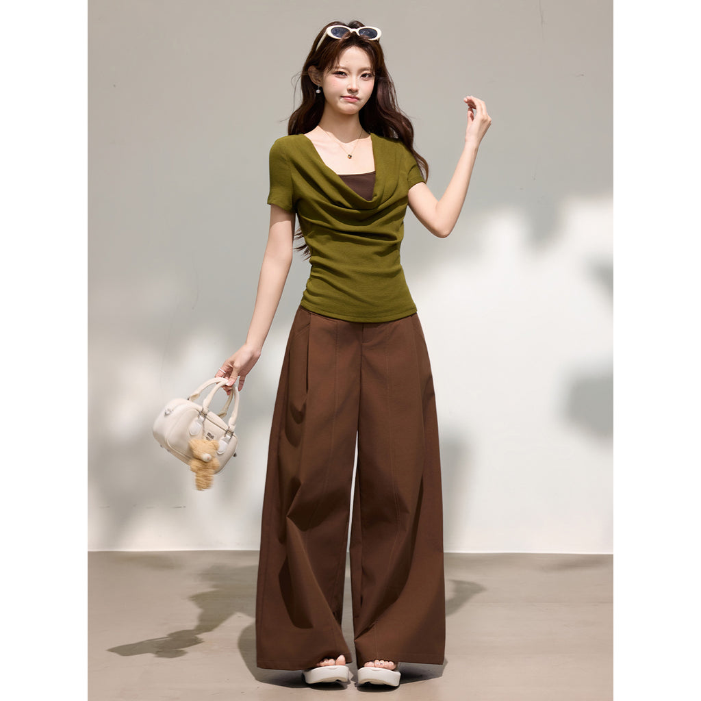 Color Block Drape Neck Short Sleeve Top