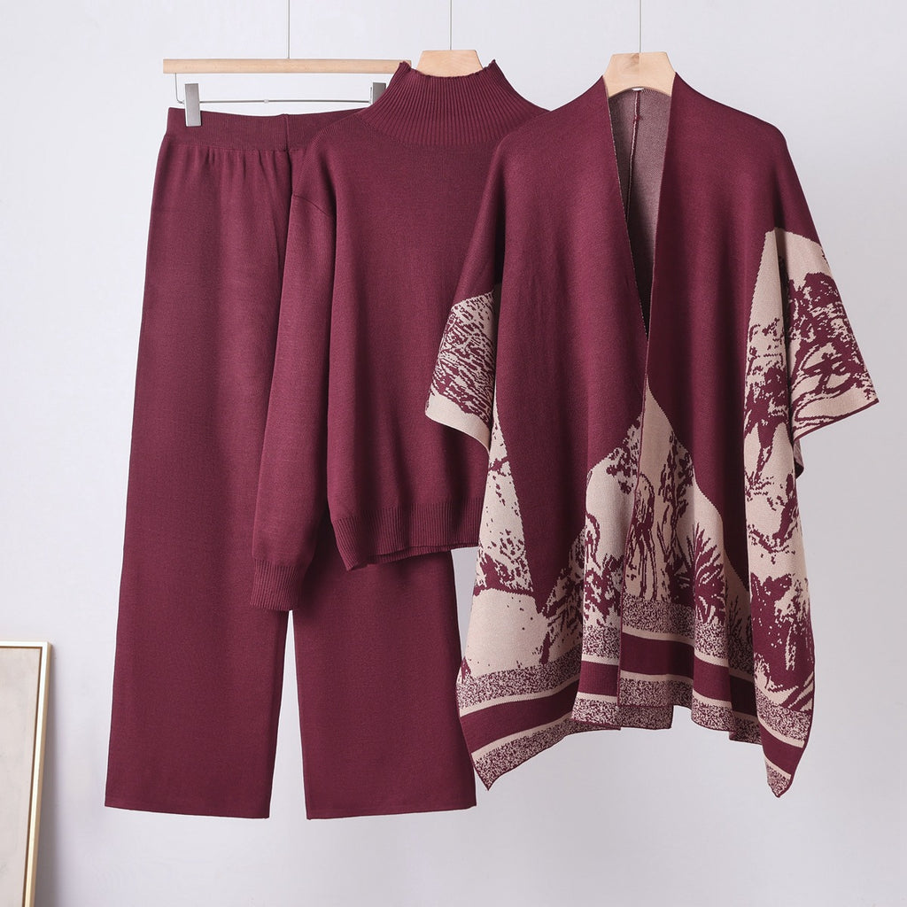 Knit Sweater & Wide Leg Pants Three-Piece Set