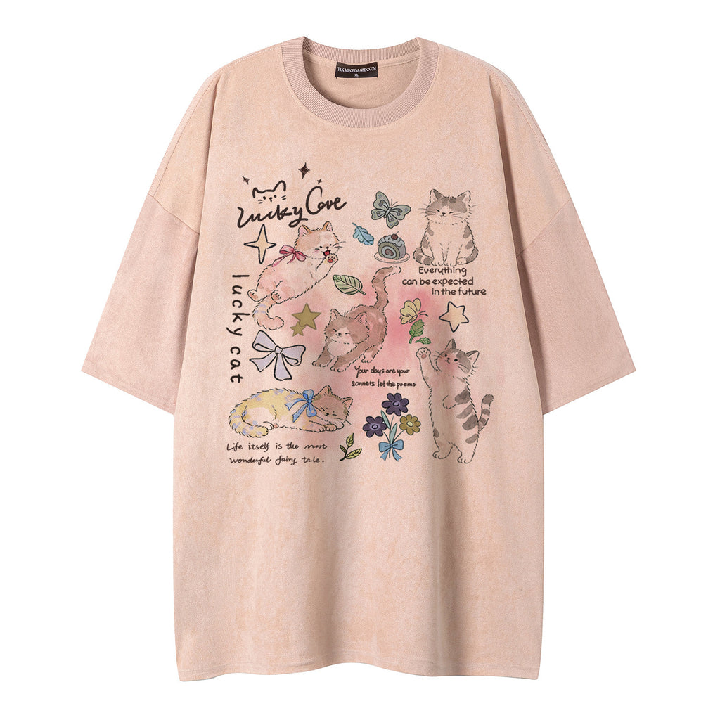 Cat & Butterfly Print Short Sleeve Shirt