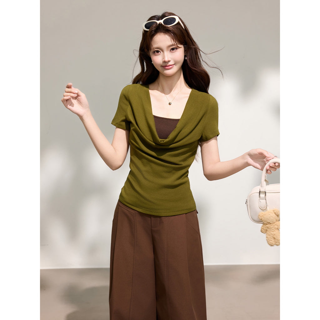 Color Block Drape Neck Short Sleeve Top