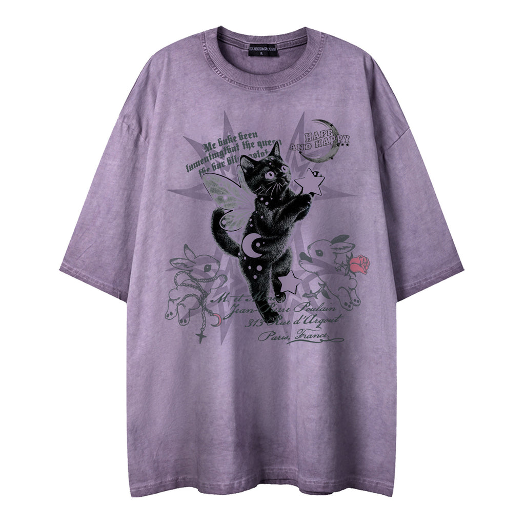 Dreamy Black Cat Print Short Sleeve Shirt