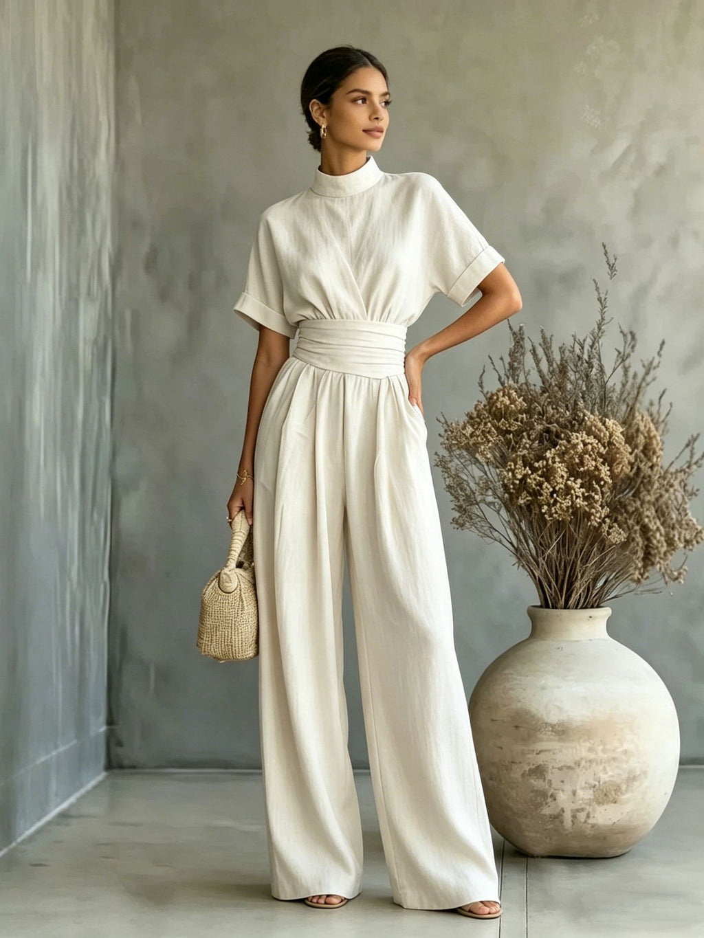 Half High Neck Wide Leg Jumpsuit – Relaxed Fit, Solid Color, Casual One-Piece for Women