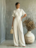 Half High Neck Wide Leg Jumpsuit – Relaxed Fit, Solid Color, Casual One-Piece for Women