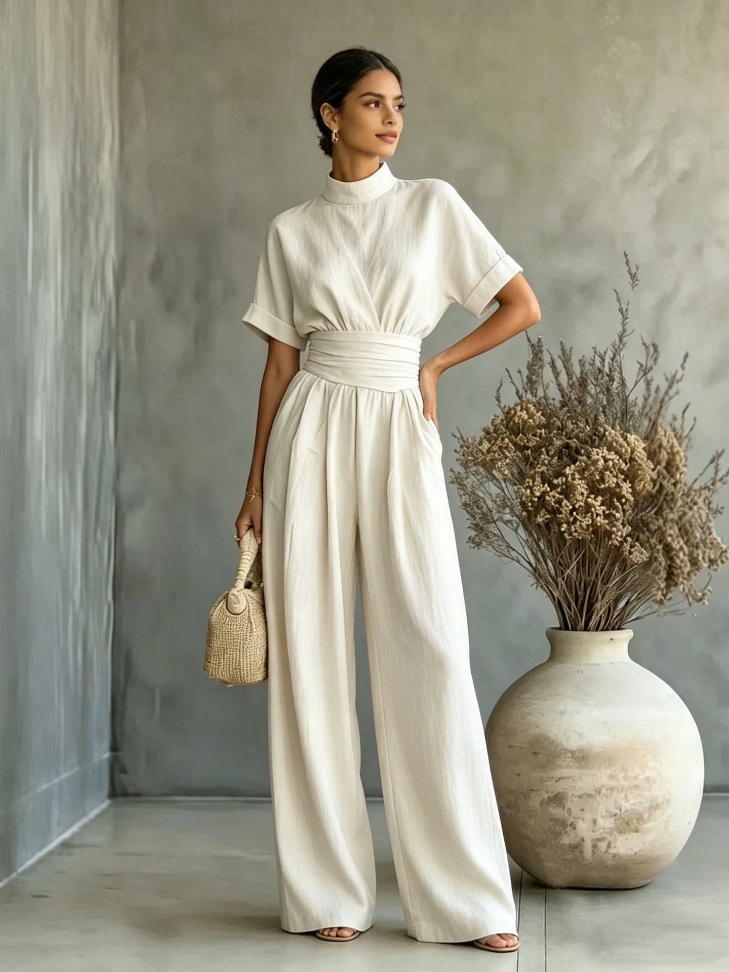 Half High Neck Wide Leg Jumpsuit – Relaxed Fit, Solid Color, Casual One-Piece for Women