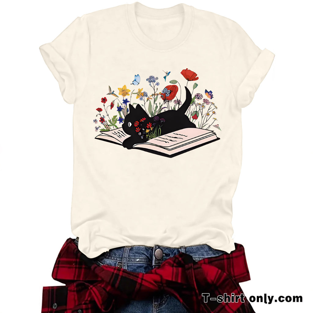 Women's Cat & Floral Graphic T-Shirt – Relaxed Fit, Round Neck, Short Sleeve Casual Tee