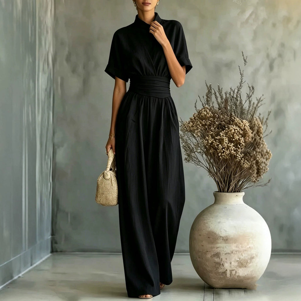 Half High Neck Wide Leg Jumpsuit – Relaxed Fit, Solid Color, Casual One-Piece for Women