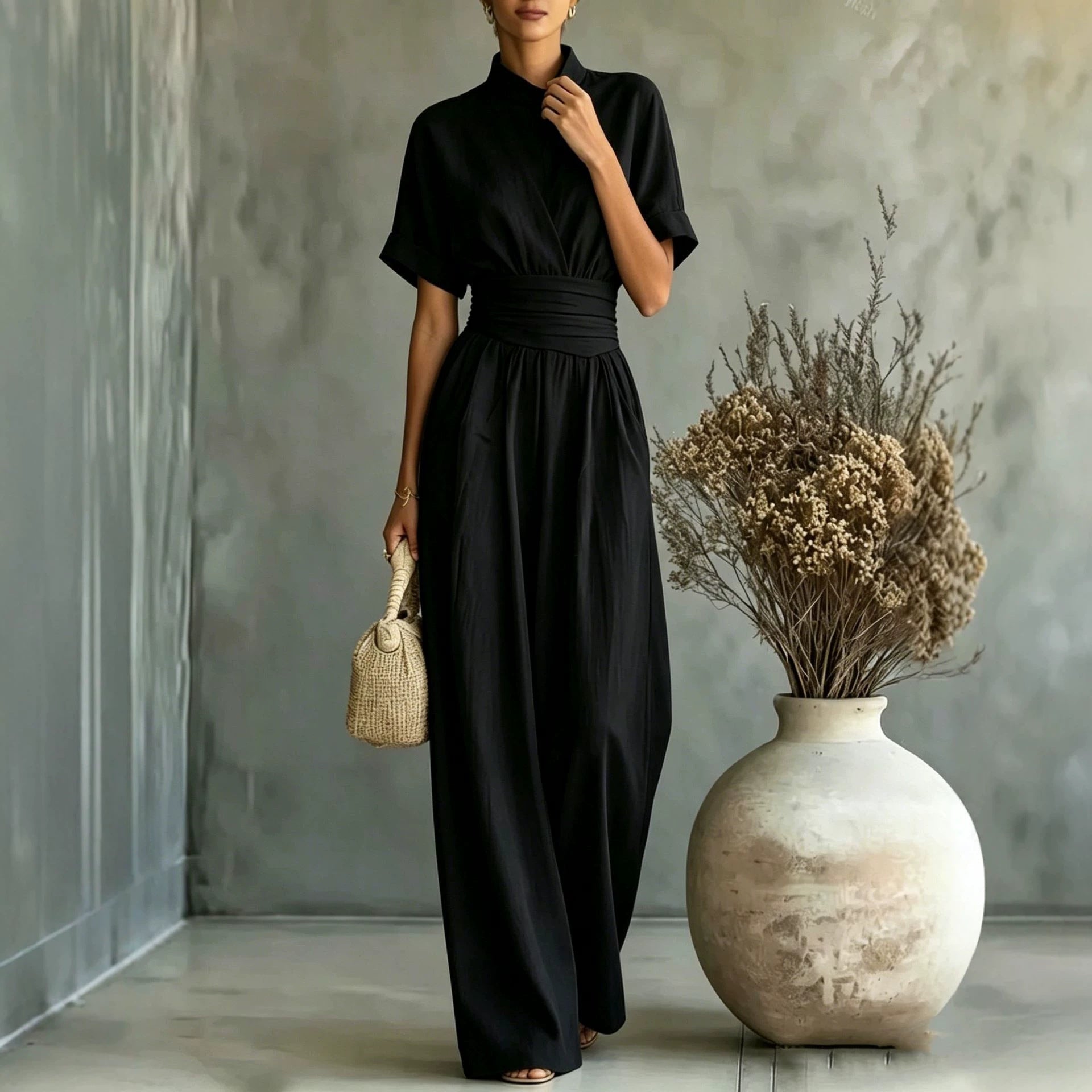 Half High Neck Wide Leg Jumpsuit – Relaxed Fit, Solid Color, Casual One-Piece for Women