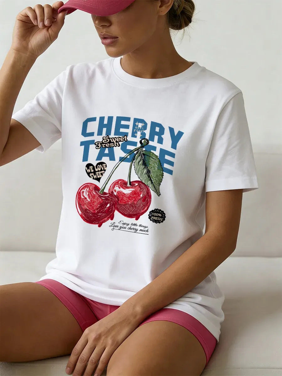 Cherry Letter Print Cotton T-Shirt | Unisex Loose Fit