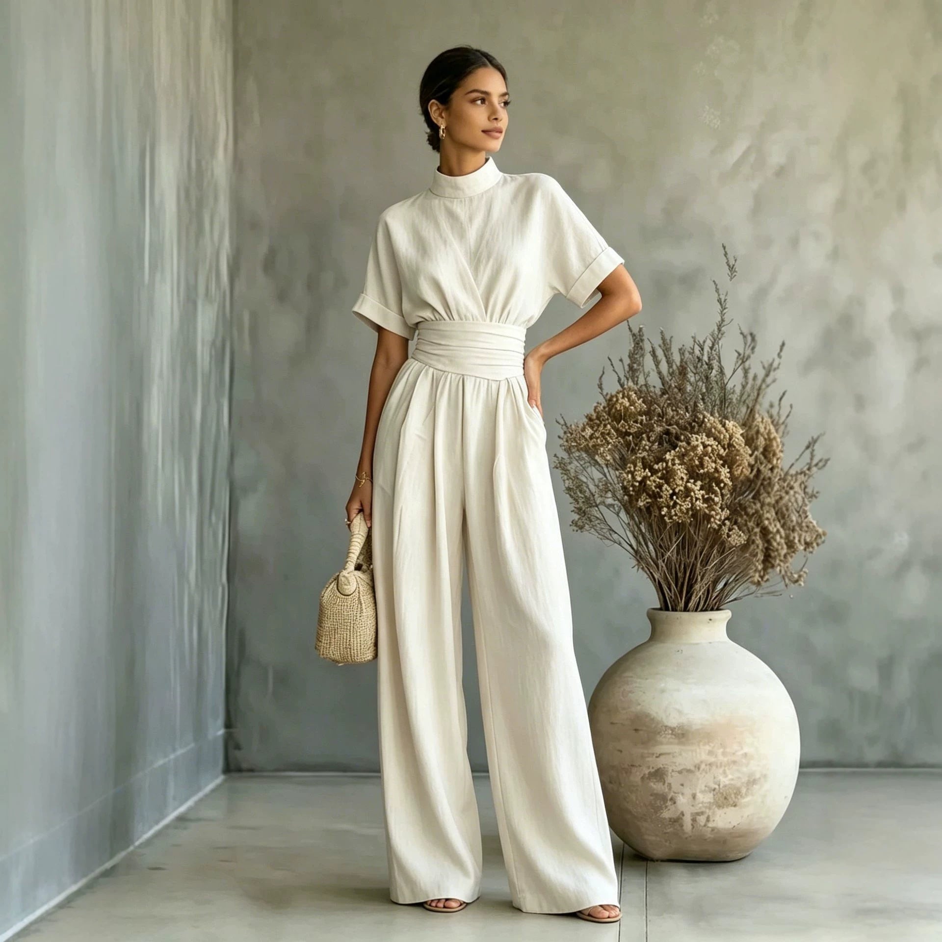 Half High Neck Wide Leg Jumpsuit – Relaxed Fit, Solid Color, Casual One-Piece for Women