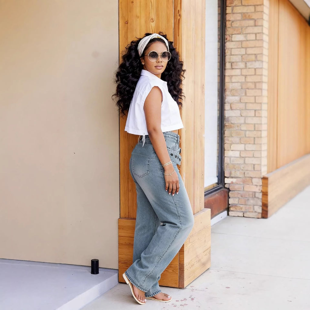Multi-Pocket Belted Distressed Denim Pants