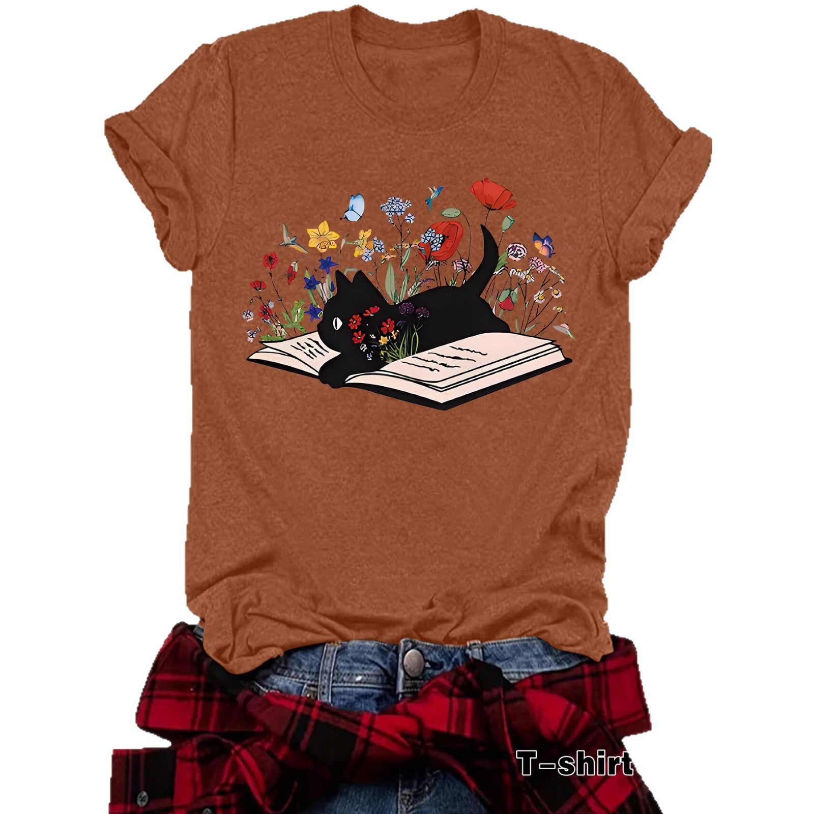 Women's Cat & Floral Graphic T-Shirt – Relaxed Fit, Round Neck, Short Sleeve Casual Tee